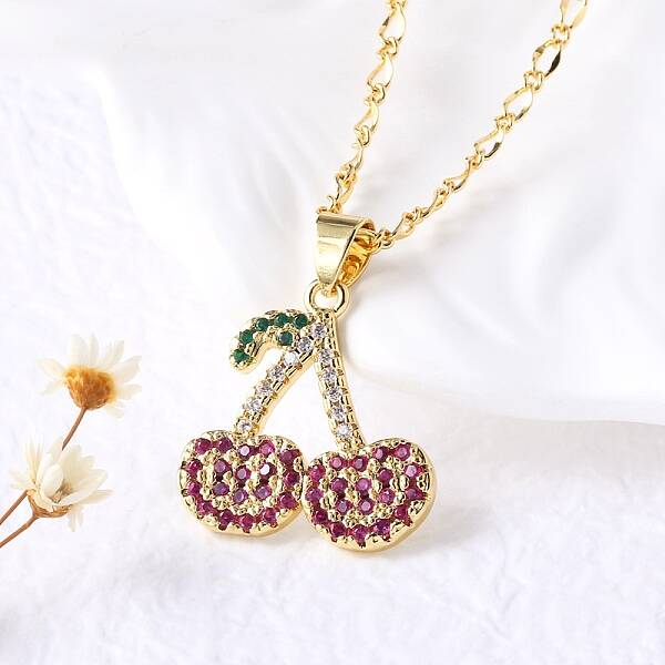Brass Micro Pave Camellia Cubic Zirconia Fruit Pendant Necklaces for Women