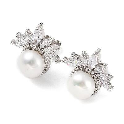 Anti-Tarnish Cubic Zirconia Flower with Natural Pearl Stud Earrings
