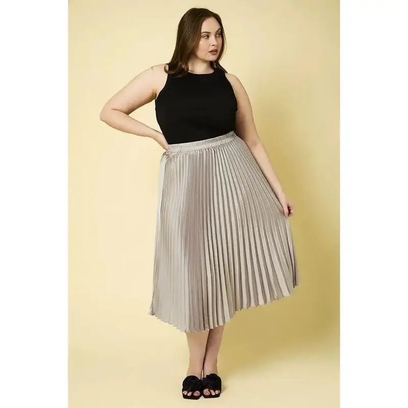 Plus Size Foiled Satin Pleated Metallic Midi Skirt - Mid Waist, Elastic Waistband, Shimmering Fabric, Versatile Design for Ca...