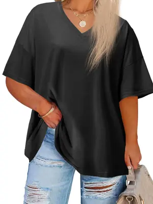 【Plus Size】 Plain V Neck Drop Shoulder Tee, Casual Basic Half Sleeve T-shirt, Women's Summer Clothes for Daily Wear, T Sh...