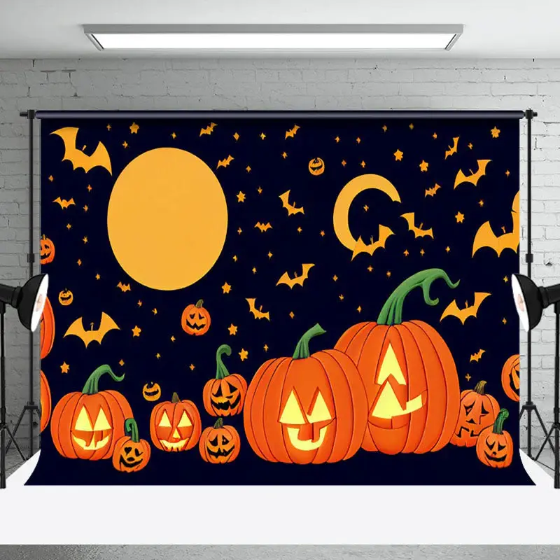 Cute Cartoon Pumpkin Moon Night Happy Halloween Backdrop