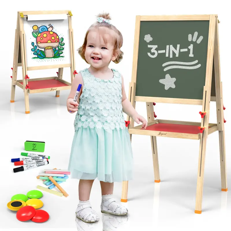 JOYOOSS Easel for Kids Art Easel Kids Easels for Toddlers Easel,Dual-Sided Adjustable Wooden Magnetic Board for Kids 106-RED