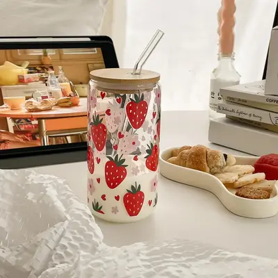 Strawberry Pattern Coffee Glass Cup, 1 Count Water Mug with Lid & Straw, Summer Cool Bottle Drinking Bottle for Home Office U...