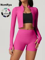 2/6 Pieces Women's Solid Tracksuit Set without Inner Top, Sporty Zip Up Crop Jacket & High Waist Skinny Shorts Set, Ladies Sp...