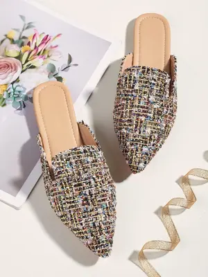 Fashion Multicolor Tweed Braided Design Beach Mules for Galentine's Party Style, Casual Lightweight Pointed Toe Flat Sandals ...