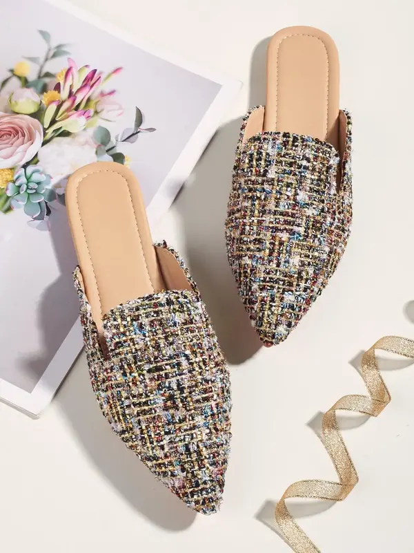 Fashion Multicolor Tweed Braided Design Beach Mules for Galentine's Party Style, Casual Lightweight Pointed Toe Flat Sandals ...