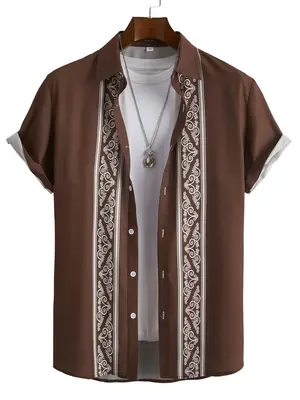 Men's Ethnic Pattern Button Front Shirt, Summer Clothes, Regular Fit Casual Short Sleeve Collared Button Up Top, Men's Stree...