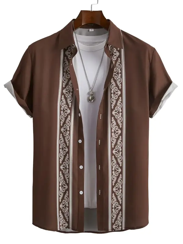 Men's Ethnic Pattern Button Front Shirt, Summer Clothes, Regular Fit Casual Short Sleeve Collared Button Up Top, Men's Stree...