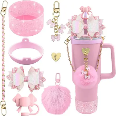 Silicone Tumbler Cup Accessories, 8 Counts/set Including Silicone Bow Straw Topper Cover & Protective Silicone Boot & Decorat...