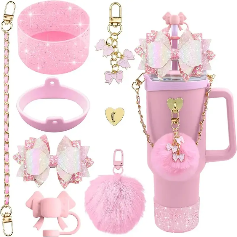 Silicone Tumbler Cup Accessories, 8 Counts/set Including Silicone Bow Straw Topper Cover & Protective Silicone Boot & Decorat...