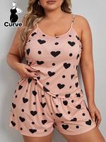 【Plus Size】Heart Polka Dot Print Pyjama Set, Casual Spaghetti Strap Cami Top & Elastic Waist Shorts Pj Set, Women's Sleep...