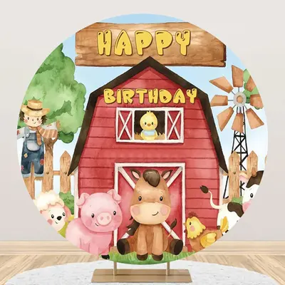 Red Wooden Barn Farm Animal Circle Birthday Backdrop - Aperturee