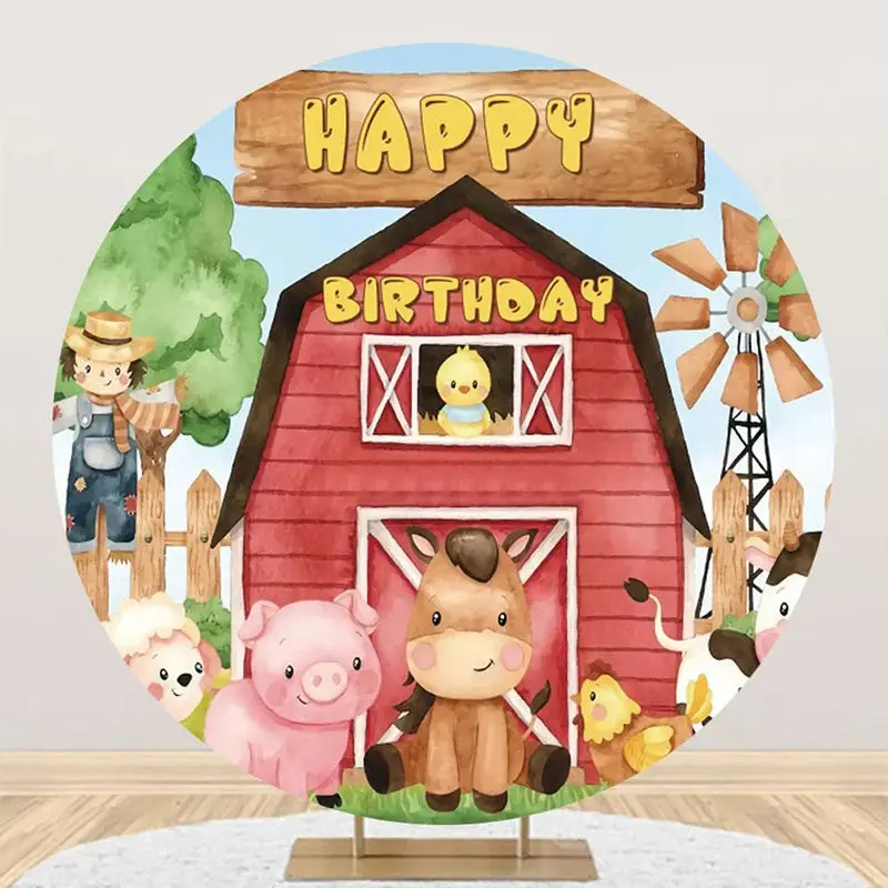 Red Wooden Barn Farm Animal Circle Birthday Backdrop - Aperturee