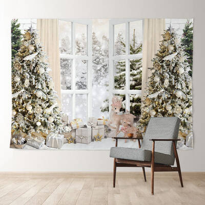 Aperturee Khaki Curtain Window Snowy Tree Winter Backdrop