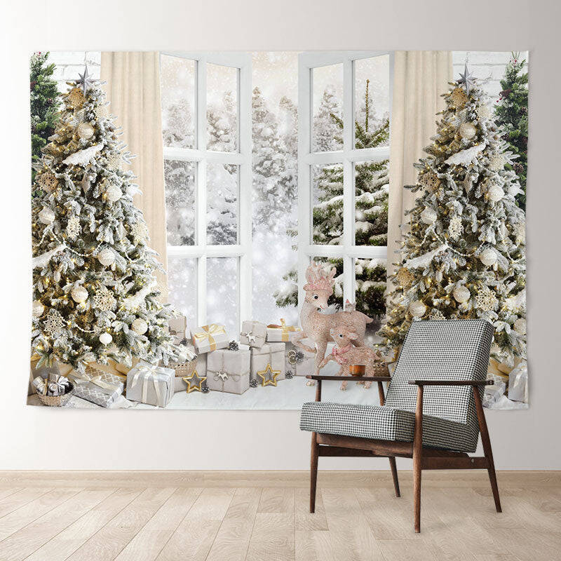 Aperturee Khaki Curtain Window Snowy Tree Winter Backdrop