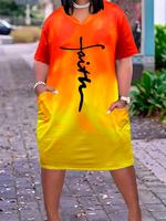 【Plus Size】 Letter Print V Neck Dress, Casual Short Sleeve Dress for Summer, Women's Plus Clothing for Daily Wear