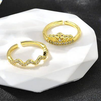 2Pcs 2 Styles Brass Micro Pave Clear Cubic Zirconia Cuff Rings for Women