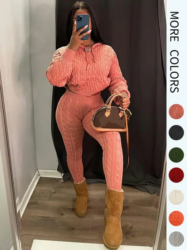 Women's Minimalist Textured Long Sleeve Crop Hooded Sweater & High Waist Skinny Pants Set, Casual Cozy Lady Knitwear Outfits ...