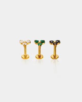 Triple CZ Threadless Push Pin Cartilage Stud - Gold / Black