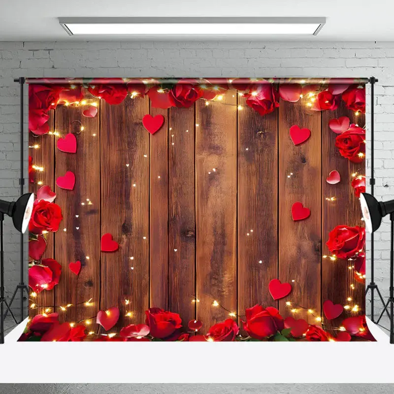 Aperturee Red Rose Hearts Brown Wood Valentines Day Backdrop, 3X2FT(1MX0.6M), 14 USD, valentines day backdrops, NYHD1I45-M