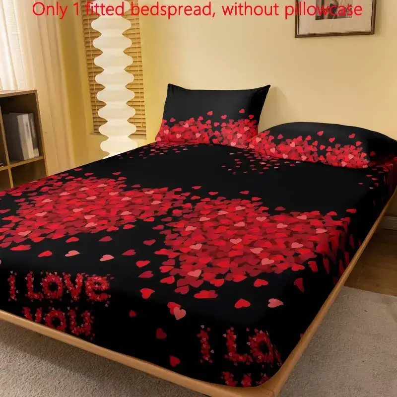 Sweet Romantic Heart & Letter Print Pattern Fitted Sheet, 1 Count Soft Comfortable Bedspread, Bedding Supplies for Home Decor...