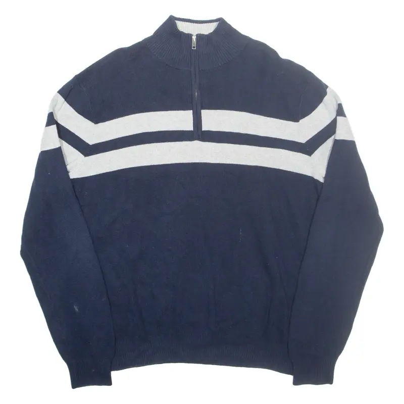 TOMMY HILFIGER Mens Patterned Jumper Blue Striped 1/4 Zip Tight Knit L
