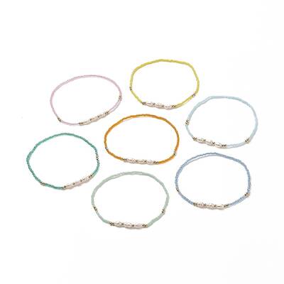 7Pcs 7 Colors Natural Pearl & Glass Seed & Brass Beaded Stretch Anklets Set for Women