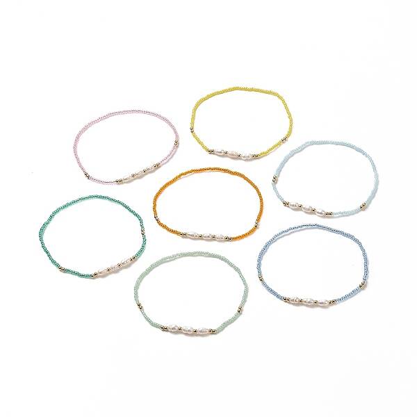 7Pcs 7 Colors Natural Pearl & Glass Seed & Brass Beaded Stretch Anklets Set for Women