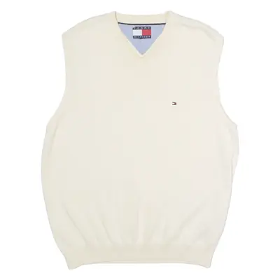 TOMMY HILFIGER Mens Vest Cream V-Neck 90s Tight Knit Sleeveless M