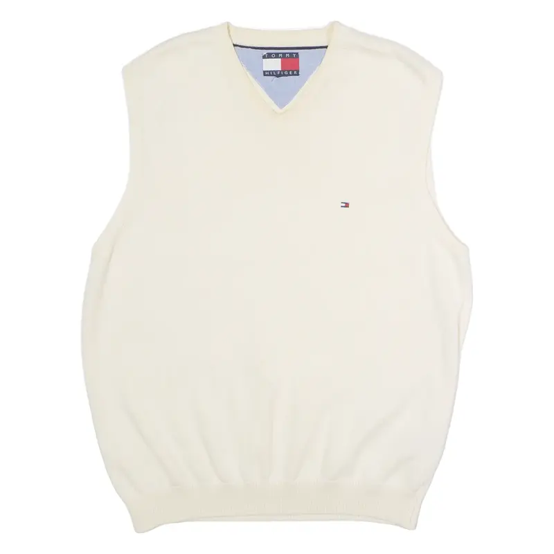 TOMMY HILFIGER Mens Vest Cream V-Neck 90s Tight Knit Sleeveless M