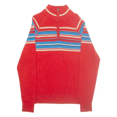 TOMMY HILFIGER Mens Patterned Jumper Red Striped 1/4 Zip Tight Knit Wool M