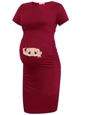 Maternity's Cute Cartoon Baby Face Print Ruched  Dress, Short Sleeve Round Neck Bodycon Dress for Summer, Maternity Clothes f...