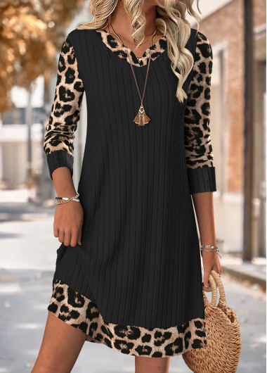 Modlily Black Tummy Coverage Leopard Short Long Sleeve Dress - XXL