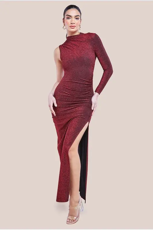 Goddiva Open Lurex Back One Sleeve Maxi Dress - Red