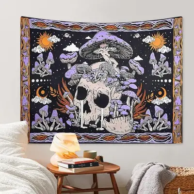 Skull Mushroom Pattern Tapestry, Halloween Wall Tapestry Bedroom Accessories, Wall Hanging Decoration for Bedroom Living Room...