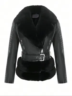 Women's Faux Leather Jacket, Casual Fall & Winter Coat, Thick Woven Fabric, Adjustable Waist Belt, Warm Daily Wear Outerwear