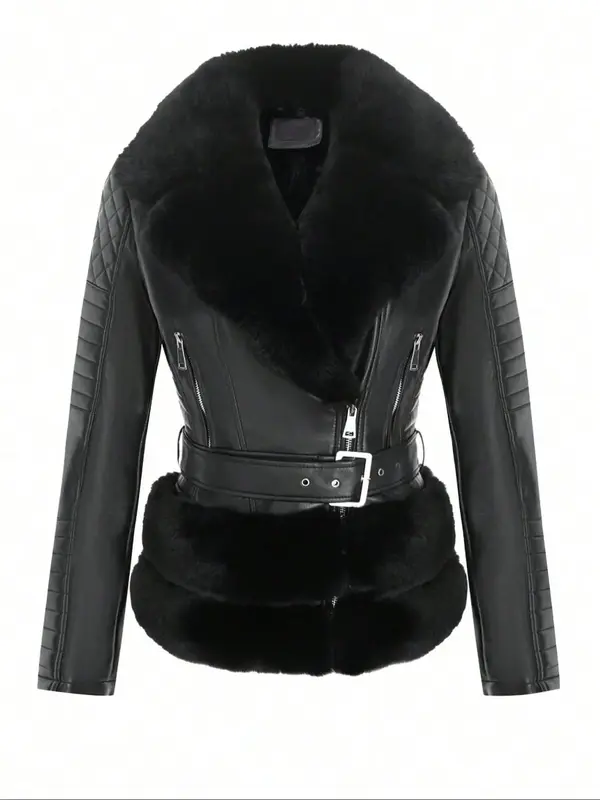 Women's Faux Leather Jacket, Casual Fall & Winter Coat, Thick Woven Fabric, Adjustable Waist Belt, Warm Daily Wear Outerwear