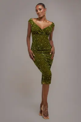 Goddiva Multi Sequin & Velvet Bardot Midi Dress - Olive Green