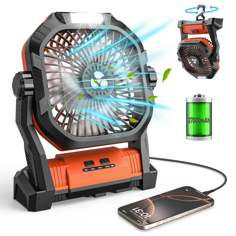 Portable Camping Fan, 27000mAh Cordless Battery Powered Fan with LED Lantern, 2 in 1 Portable Fan with 4 Speeds, USB C Batter...