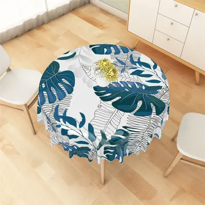 White Blue Black Tropical Plants Round Tablecloth - Aperturee