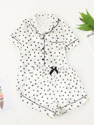 Women's Heart Print Short Sleeve Top & Shorts Pyjama Set, Lounge Set, Comfy PJ Set for Daily Home Wear, Loungewear Sets for ...