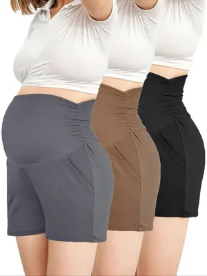 Women Casual Fit Maternity Solid Color Pocket Shorts, High Stretch Maternity Shorts, Maternity Bottoms for Summer, Womenswear