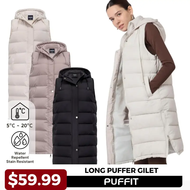 PUFFIT Winter Warmer Slim Side Zip Long Puffer Vest Womenswear Tops, Hooded Casual Plain Color Sleeveless Lightweight Quilted...