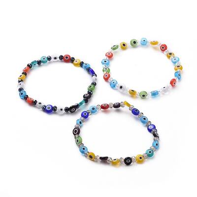 Handmade Evil Eye Lampwork Flat Round Beads Stretch Bracelets