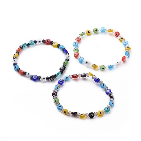 Handmade Evil Eye Lampwork Flat Round Beads Stretch Bracelets