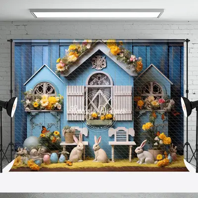 Floral House Blue Vintage Wall Easter Photo Backdrop - Aperturee