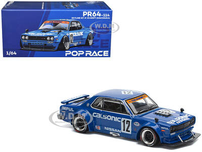 Skyline GT-R V8 Drift Hakosuka RHD (Right Hand Drive) #12 Calsonic Blue with Graphics 1/64 Diecast Model Car by Pop Race