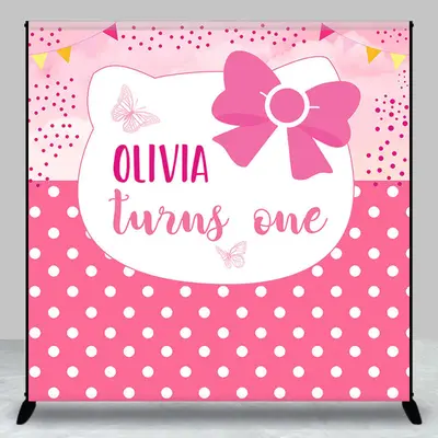 Cute Pink Bowknot Cat Custom 1st Birthday Backdrop - Aperturee