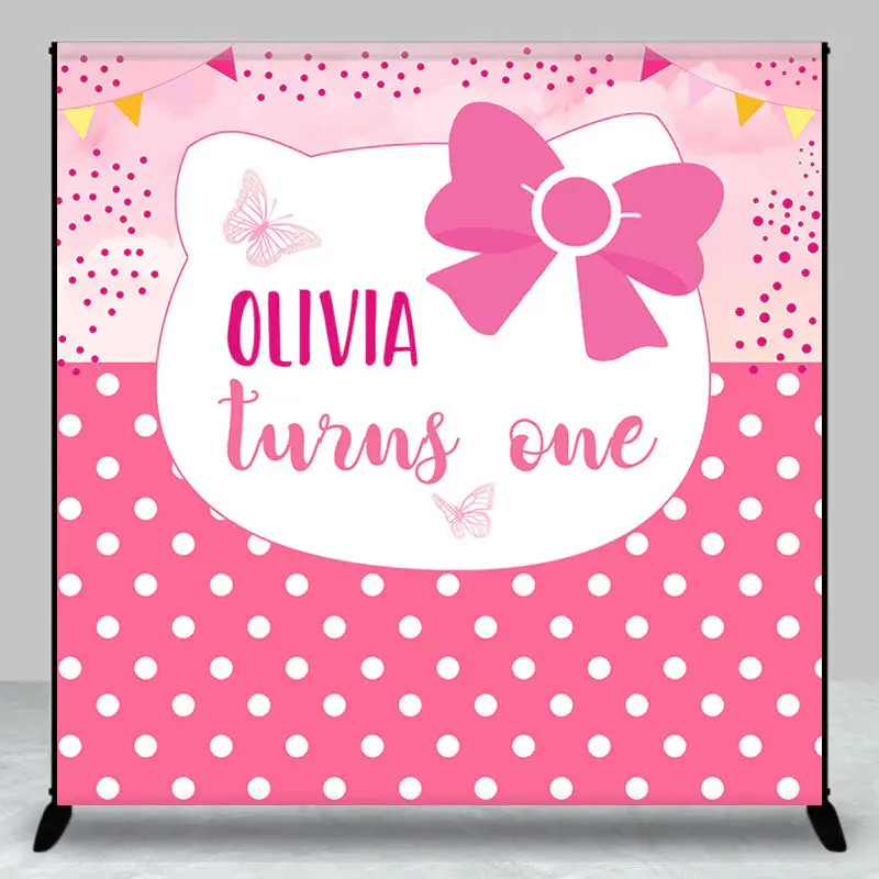 Cute Pink Bowknot Cat Custom 1st Birthday Backdrop - Aperturee