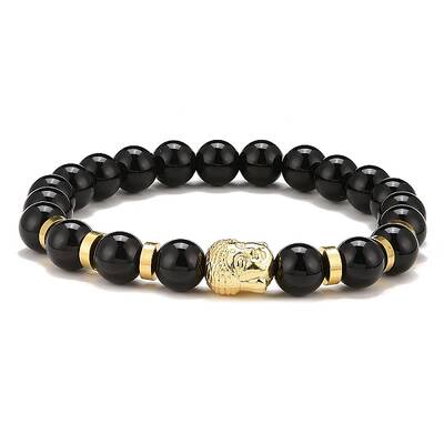 Synthetic Black Stone & Alloy Buddha Head Beaded Strech Bracelets